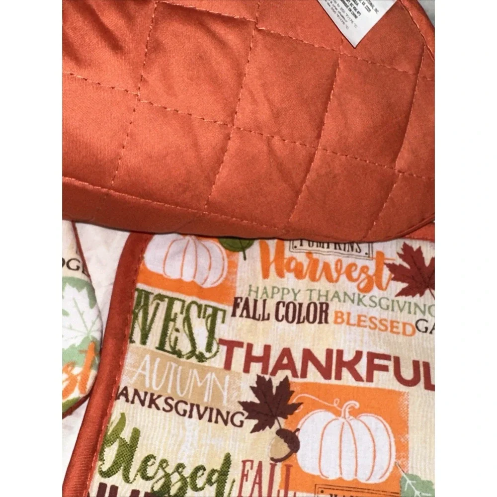Home Collection Harvest Thanksgiving Oven Mitt and Pot Holder Set Orange Autumn